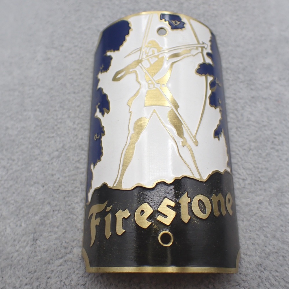 VTG Style Firestone Bicycle Head Badge Brass Archer Logo Blue White Black Enamel